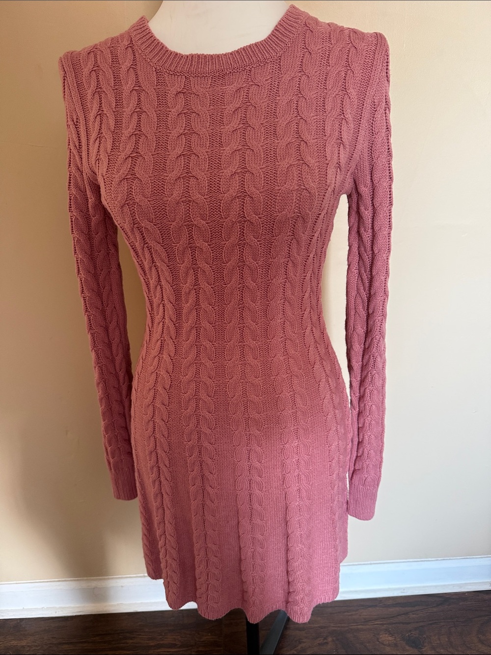 Fitted Cable-Knit Long Sleeve Dress in Dusty Rose